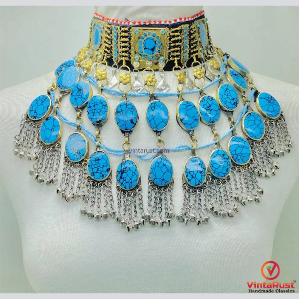 Afghan choker with turquoise stone: A striking necklace from Kuchi tribal jewelr